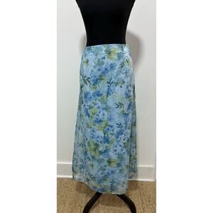 Dressbarn Women’s Blue Floral Maxi Skirt Medium Sheer Overlay Lined Vintage